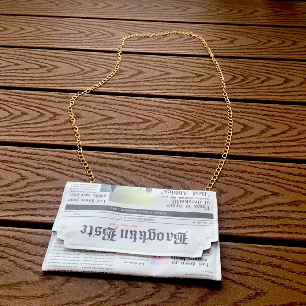 News paper leather, magnetic close, shoulder bag, with gold chain